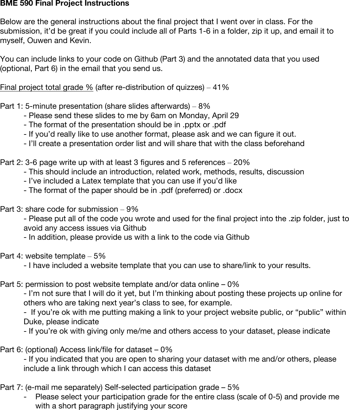 Page 1 of 1 - BME 590  Project Instructions