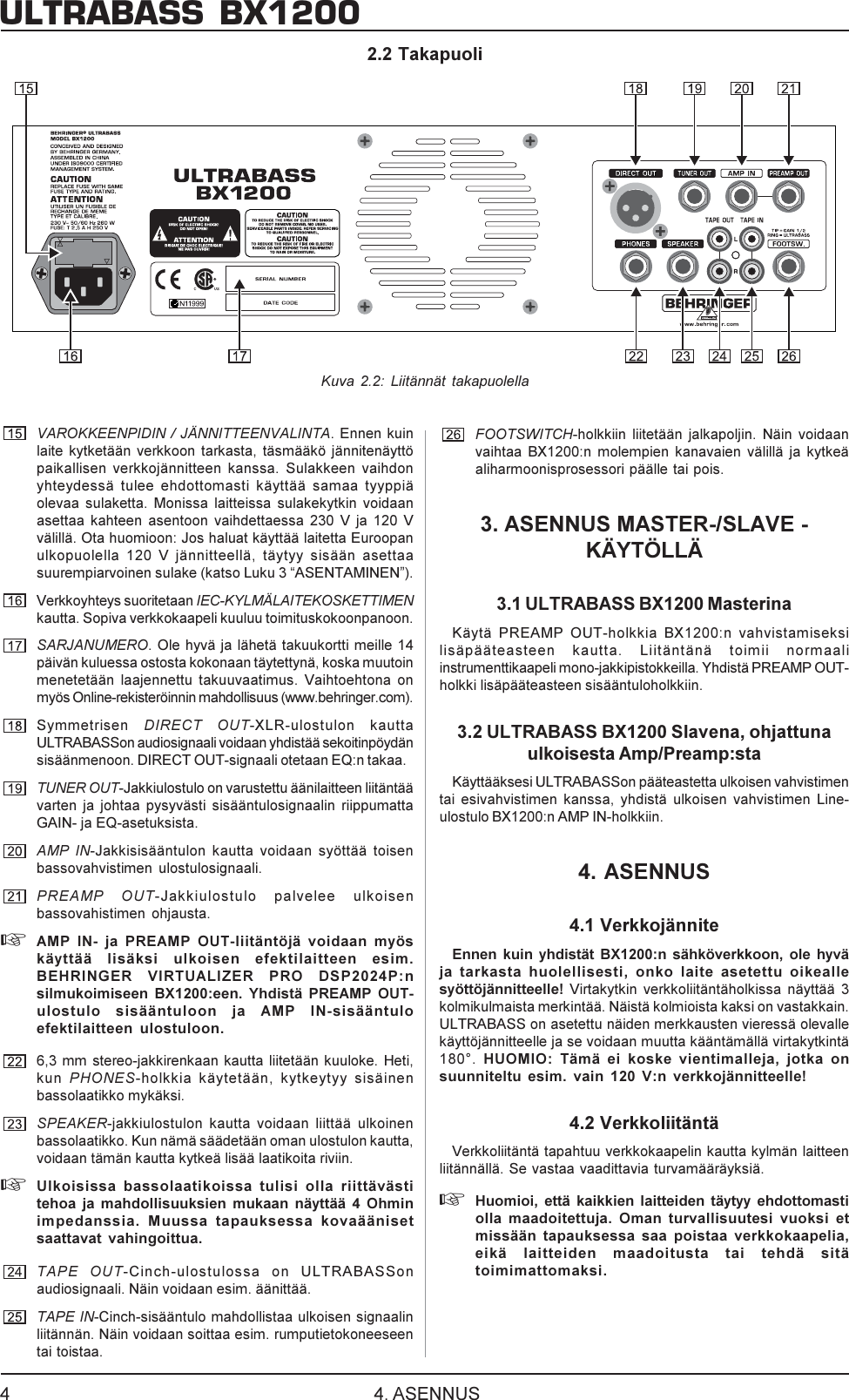 Page 4 of 5 - DATA-MANSHRT_BX1200_FIN_Rev_E.PMD Behringer BX1200 User Manual (Finnish) P0108 M FI