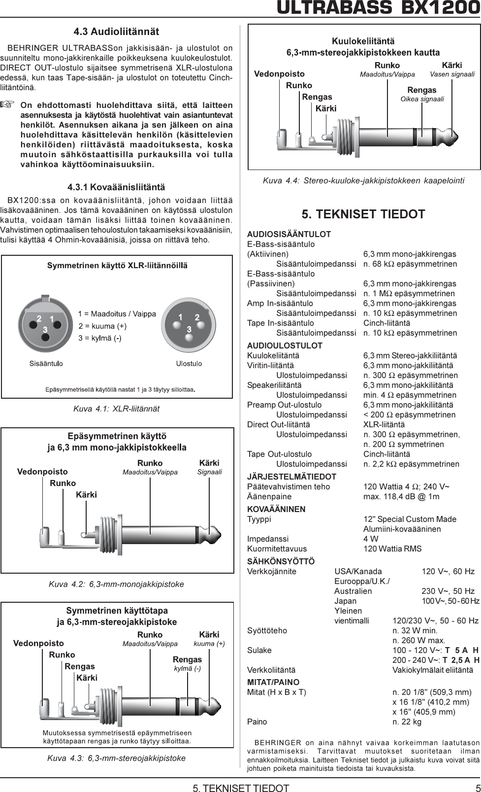 Page 5 of 5 - DATA-MANSHRT_BX1200_FIN_Rev_E.PMD Behringer BX1200 User Manual (Finnish) P0108 M FI