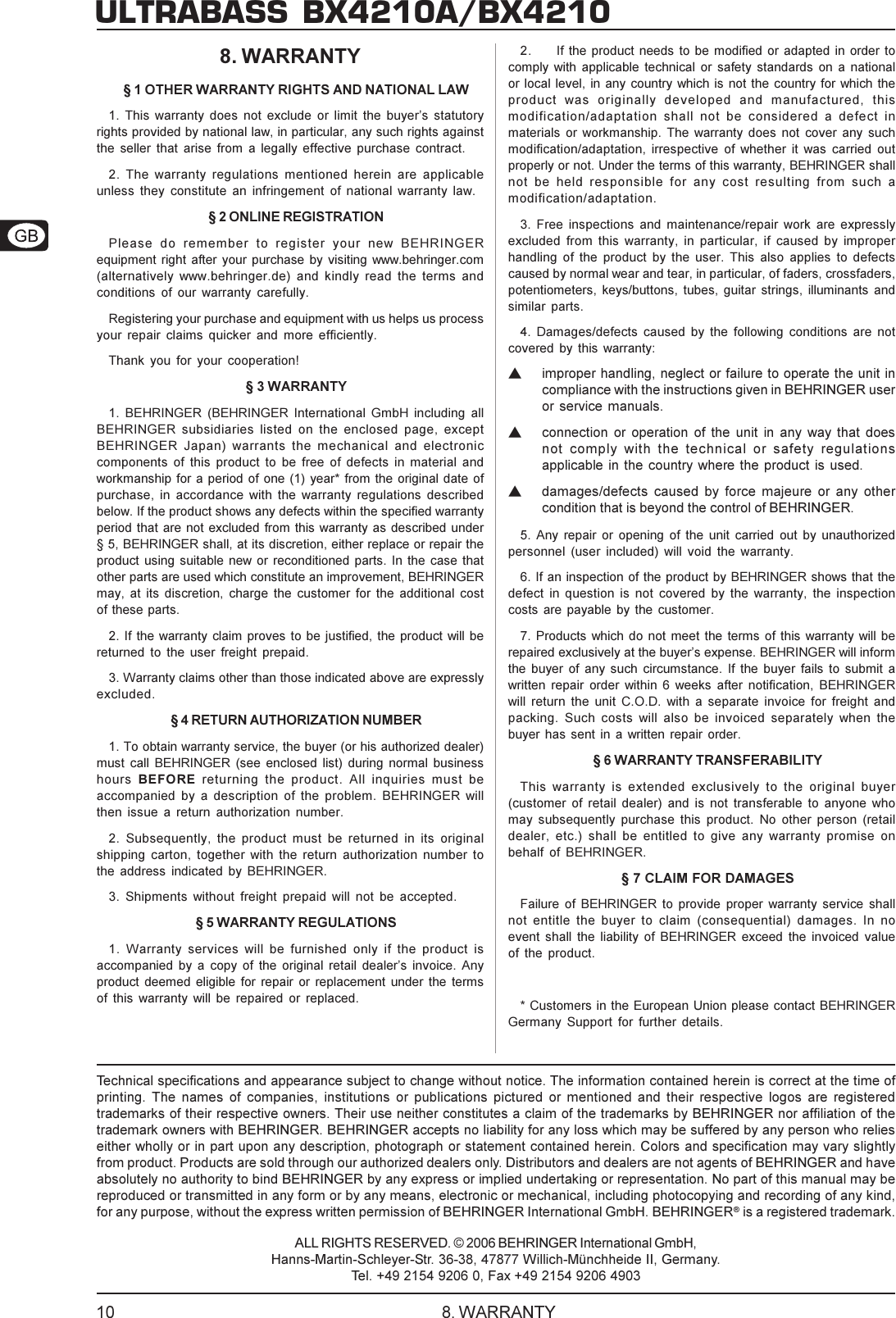 Page 10 of 10 - DATA-MANFULL_BX4210A_ENG_Rev_C.pmd Behringer BX4210A User Manual P0361 M EN