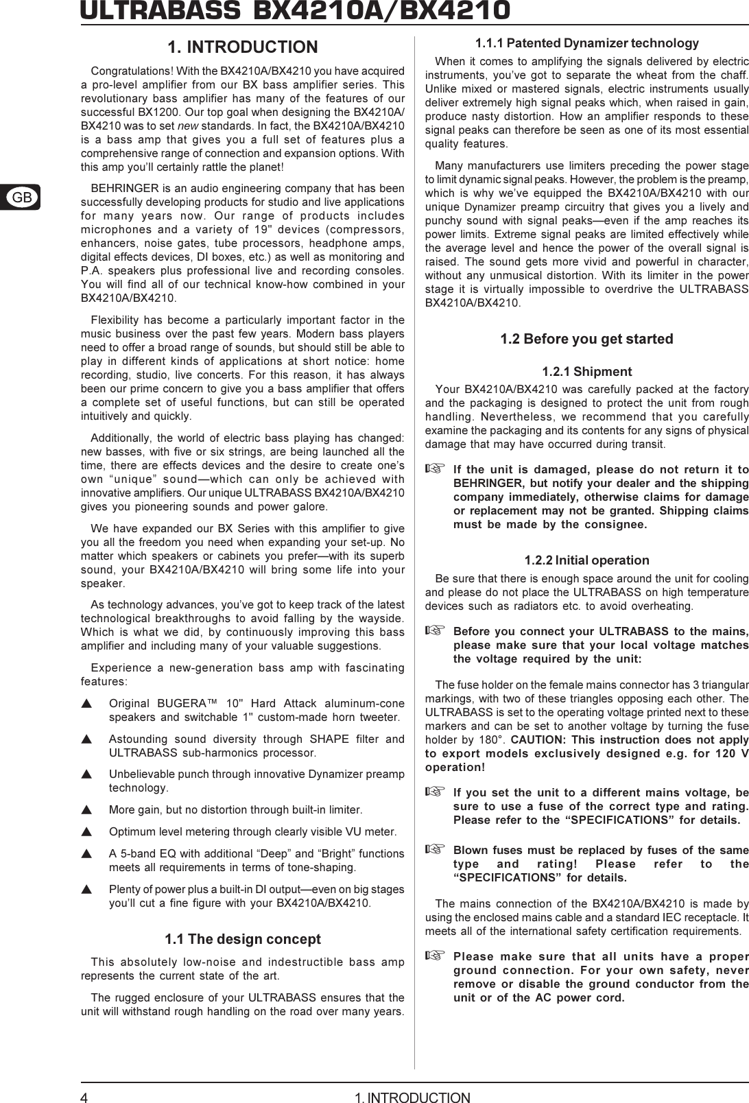 Page 4 of 10 - DATA-MANFULL_BX4210A_ENG_Rev_C.pmd Behringer BX4210A User Manual P0361 M EN