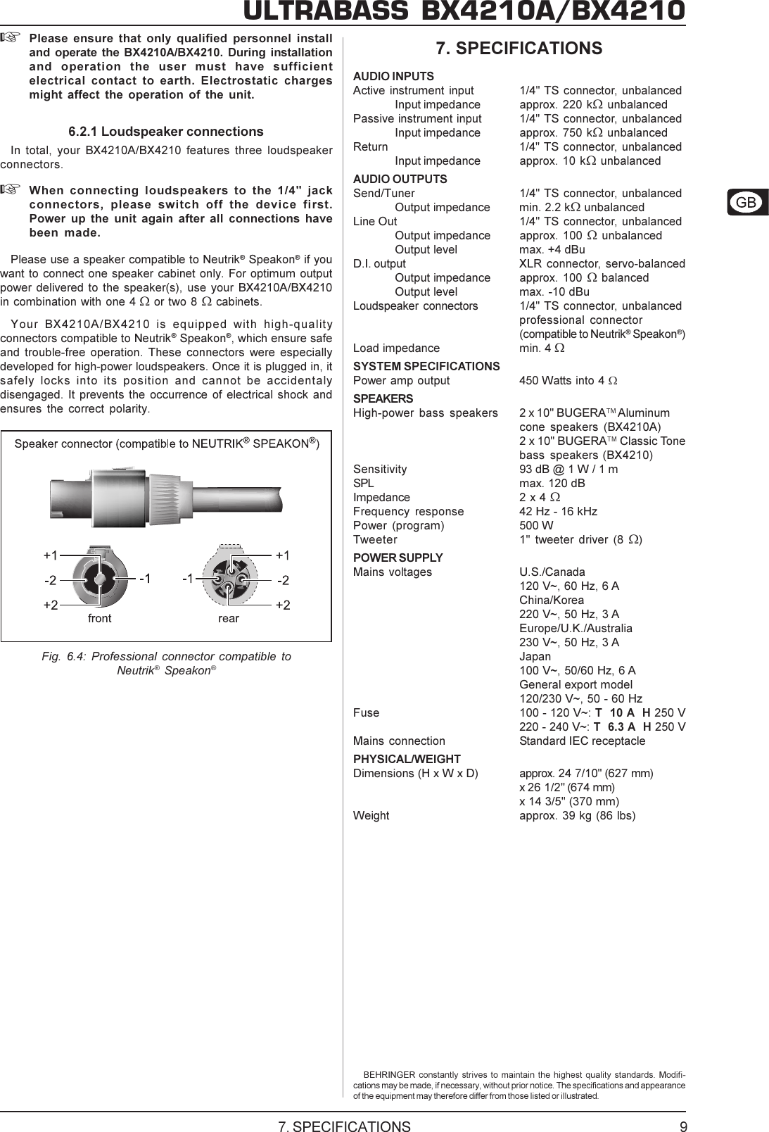Page 9 of 10 - DATA-MANFULL_BX4210A_ENG_Rev_C.pmd Behringer BX4210A User Manual P0361 M EN