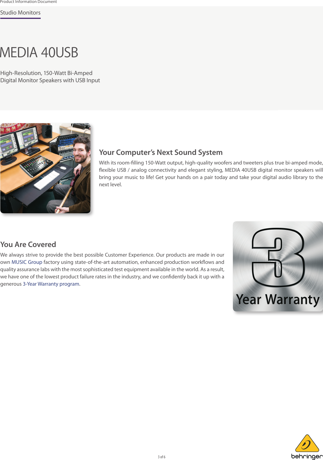 Page 3 of 6 - FEEL Prod Grap PH_Artwork_P0AUV (MEDIA 40USB) PID_2015-11-05_Rev.1 Behringer MEDIA 40USB Product Information  MEDIA40USB P0AUV