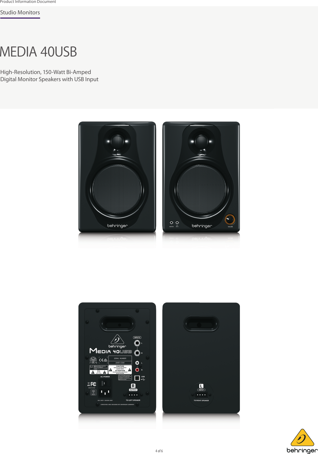 Page 4 of 6 - FEEL Prod Grap PH_Artwork_P0AUV (MEDIA 40USB) PID_2015-11-05_Rev.1 Behringer MEDIA 40USB Product Information  MEDIA40USB P0AUV