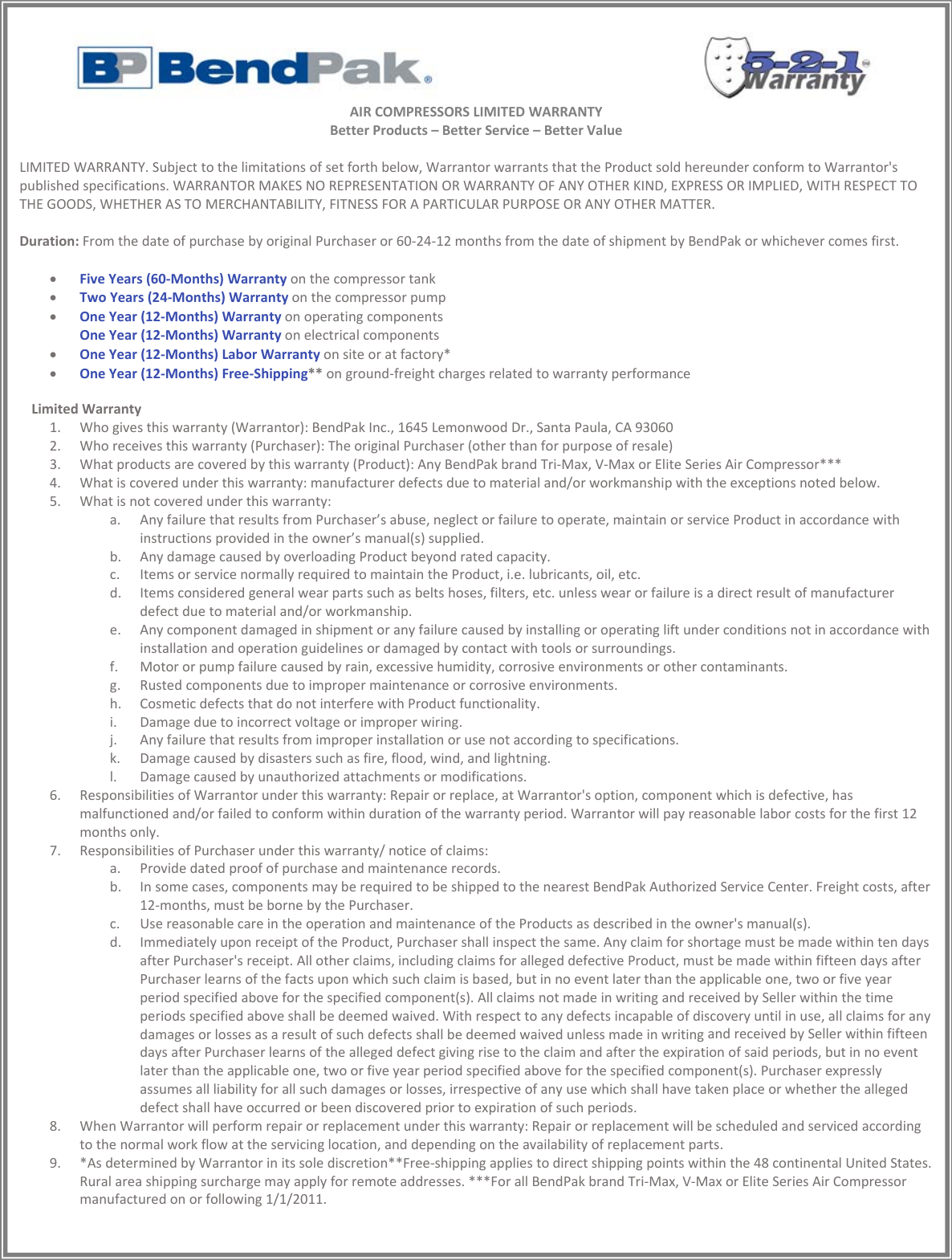 Page 10 of 11 - Warranties_BendPak_All_Products_Full_2016_REVISED Bend Pak-Warranty Warranty