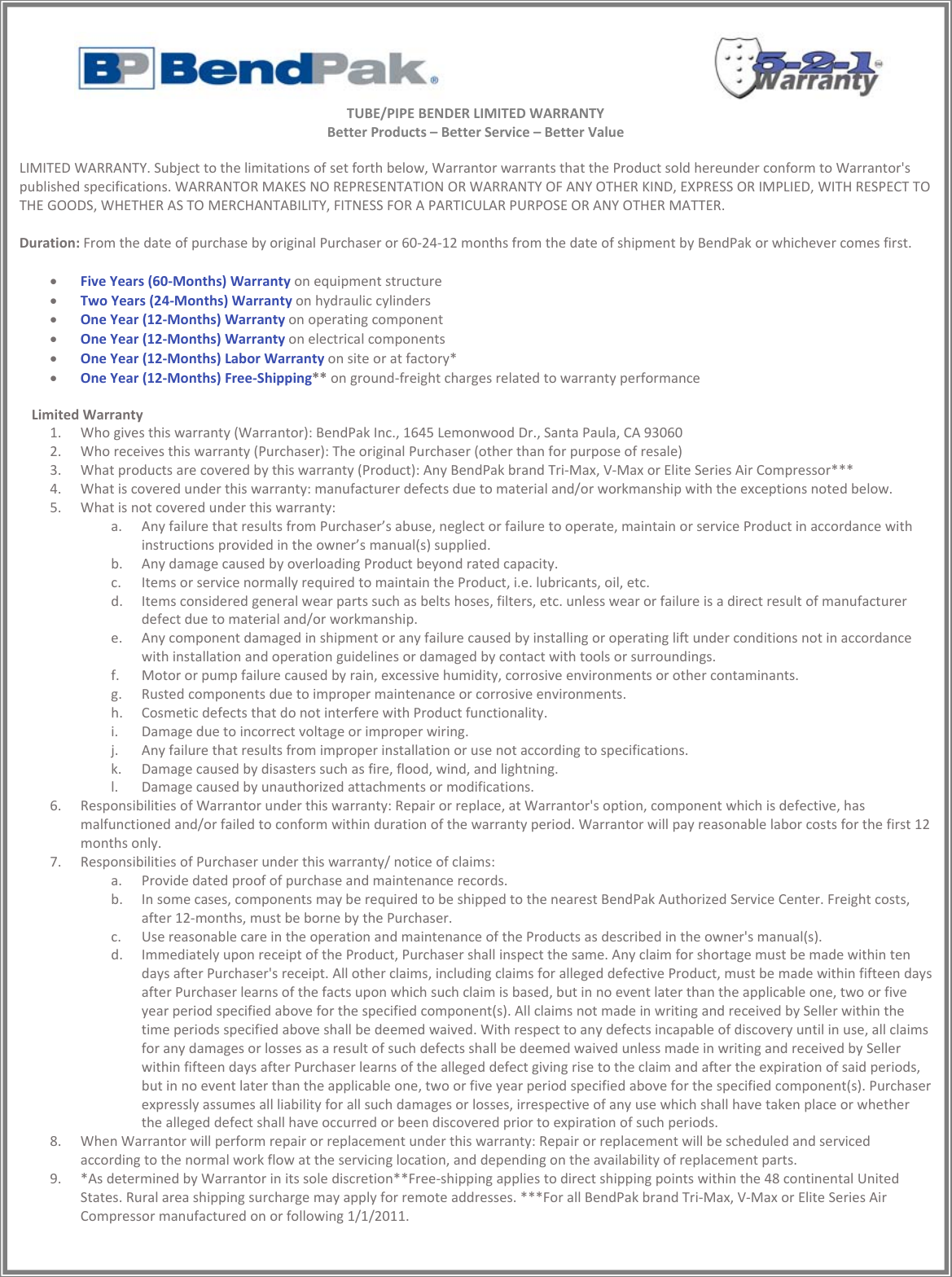 Page 11 of 11 - Warranties_BendPak_All_Products_Full_2016_REVISED Bend Pak-Warranty Warranty