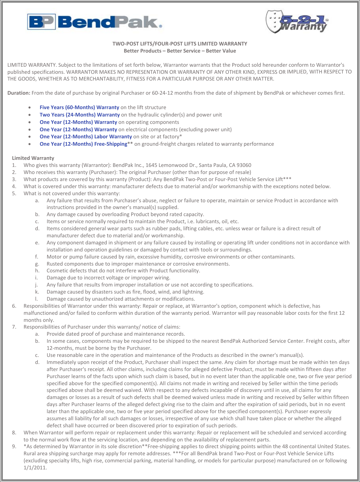 Page 4 of 11 - Warranties_BendPak_All_Products_Full_2016_REVISED Bend Pak-Warranty Warranty
