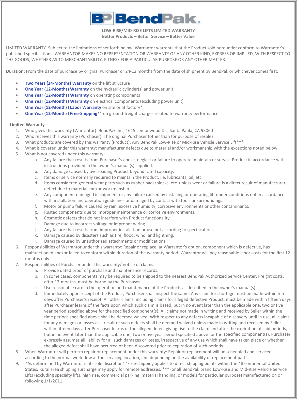 Page 5 of 11 - Warranties_BendPak_All_Products_Full_2016_REVISED Bend Pak-Warranty Warranty