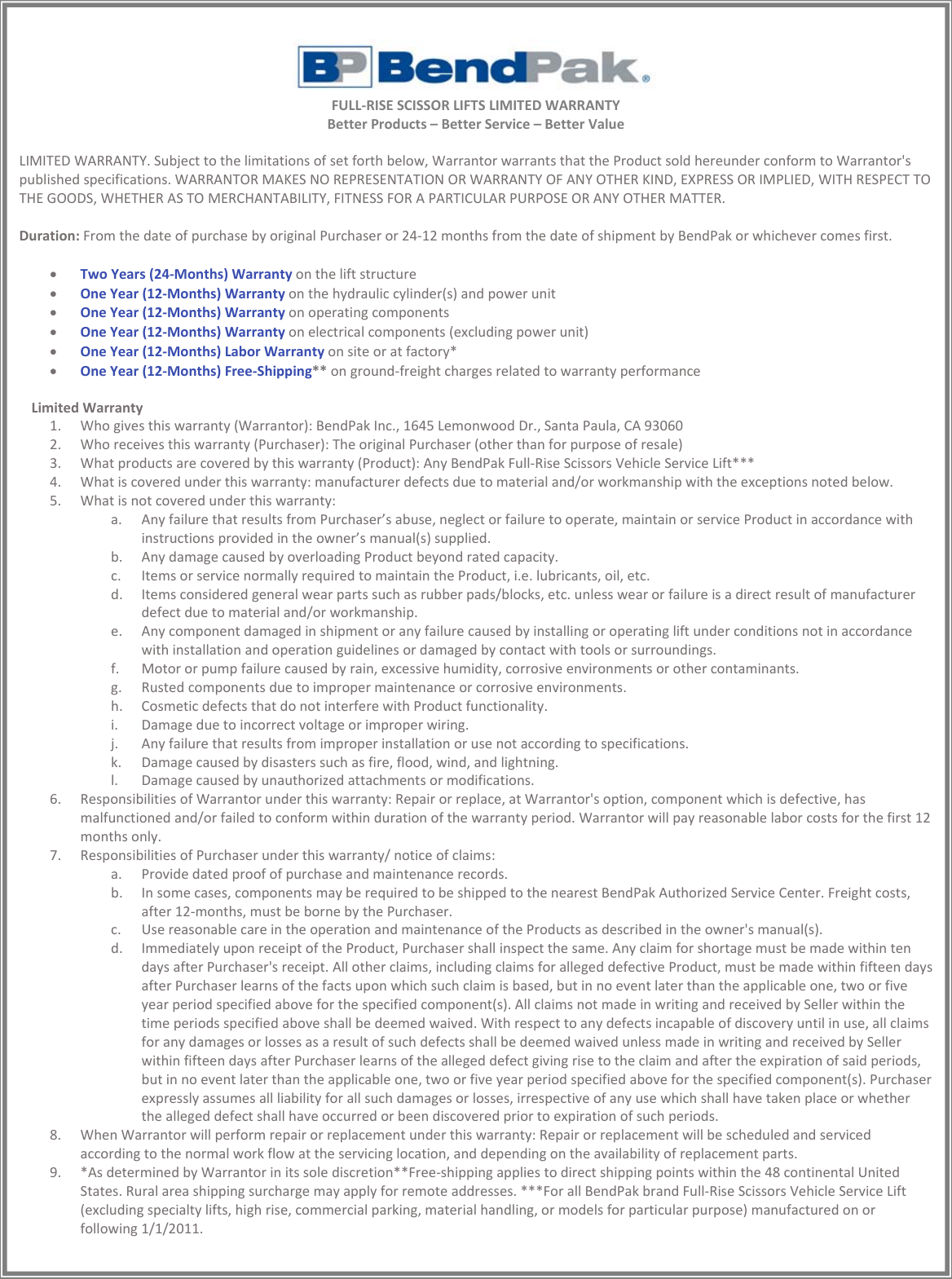Page 7 of 11 - Warranties_BendPak_All_Products_Full_2016_REVISED Bend Pak-Warranty Warranty