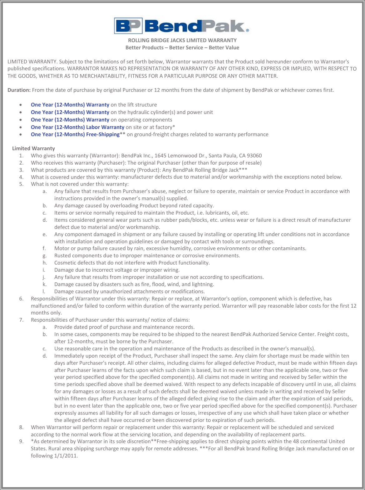 Page 9 of 11 - Warranties_BendPak_All_Products_Full_2016_REVISED Bend Pak-Warranty Warranty