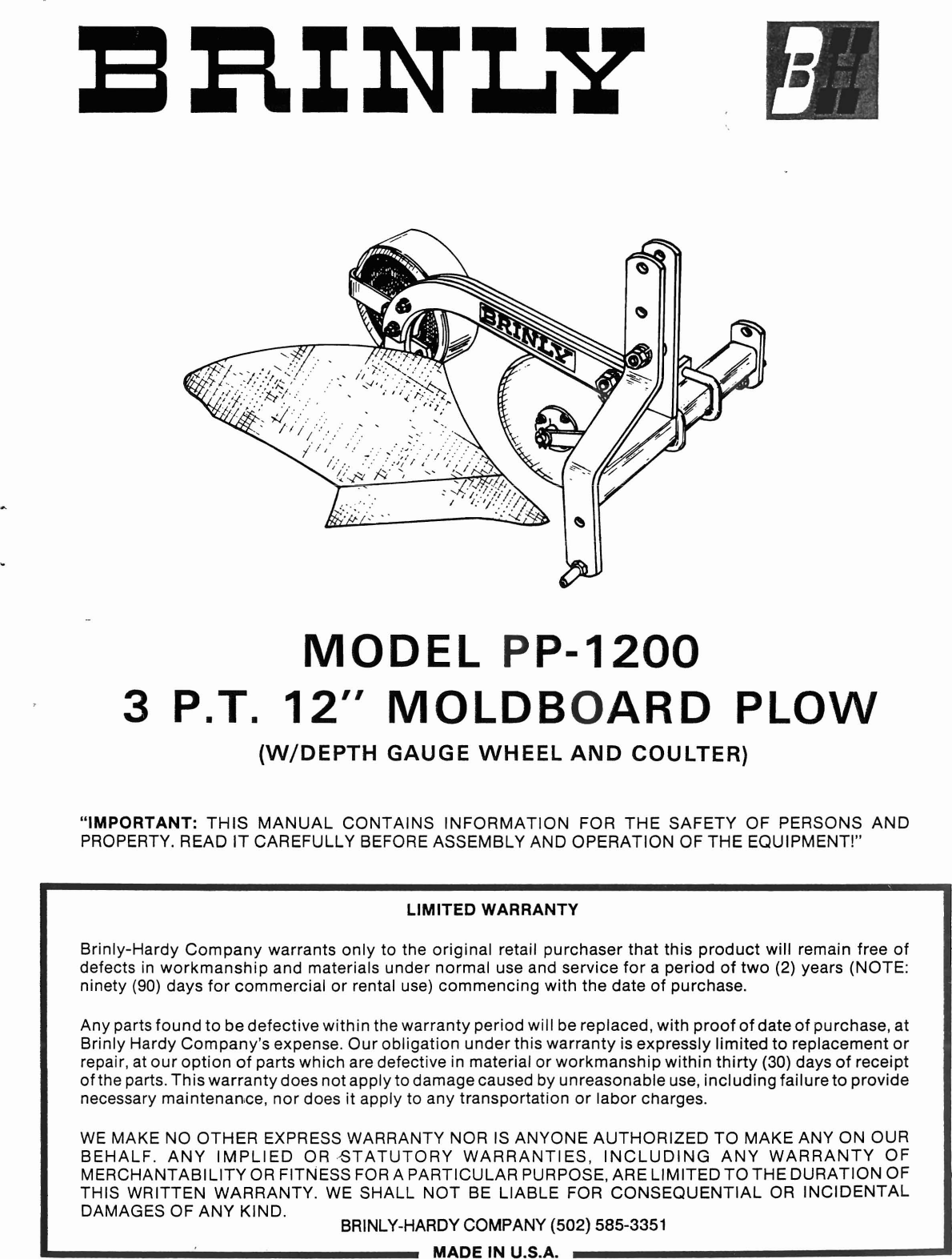 Page 1 of 6 - Brinly 12in 3pt Mouldboard Plow (PP-1200) Plow(PP-1200)