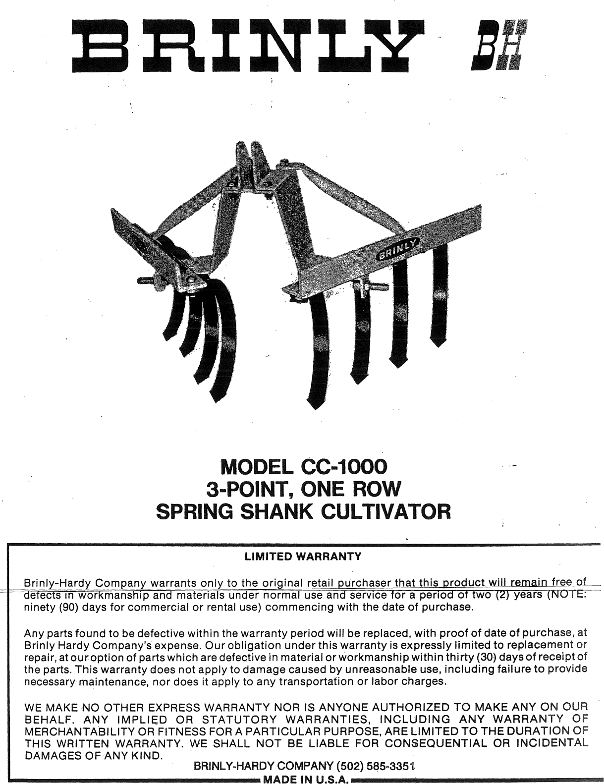 Page 1 of 4 - Brinly 3pt One Row Spring Shank Cultivator (CC-1000) Cultivator(CC-1000)