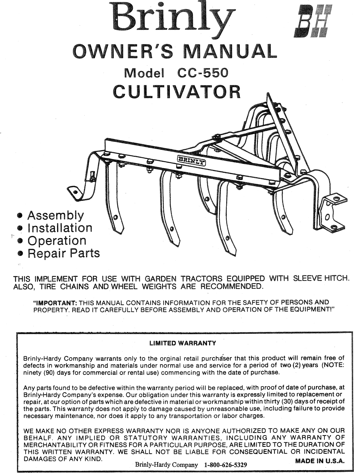 Page 1 of 4 - Brinly Sleeve Hitch Cultivator (CC-550) Cultivator(CC-550)