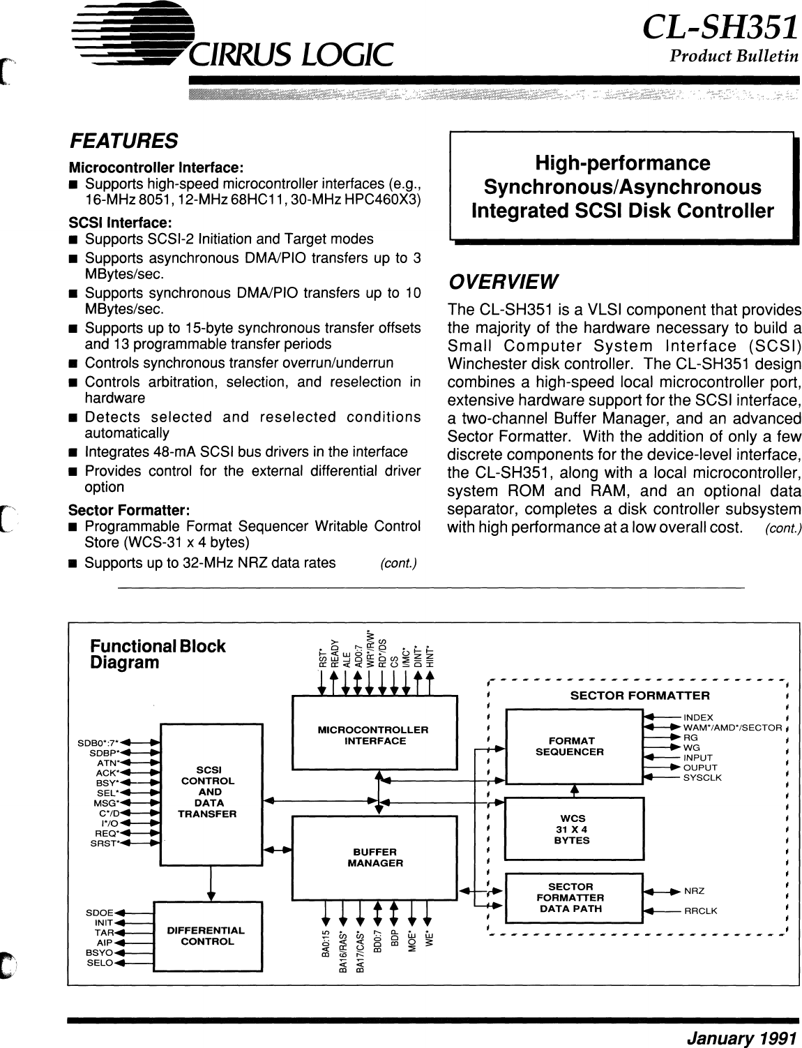 Page 1 of 6 - CL-SH351_High_Perf_Sync_Async_Integrated_SCSI_Disk_Ctlr_Product_Bulletin_Jan91 CL-SH351 High Perf Sync Async Integrated SCSI Disk Ctlr Product Bulletin Jan91