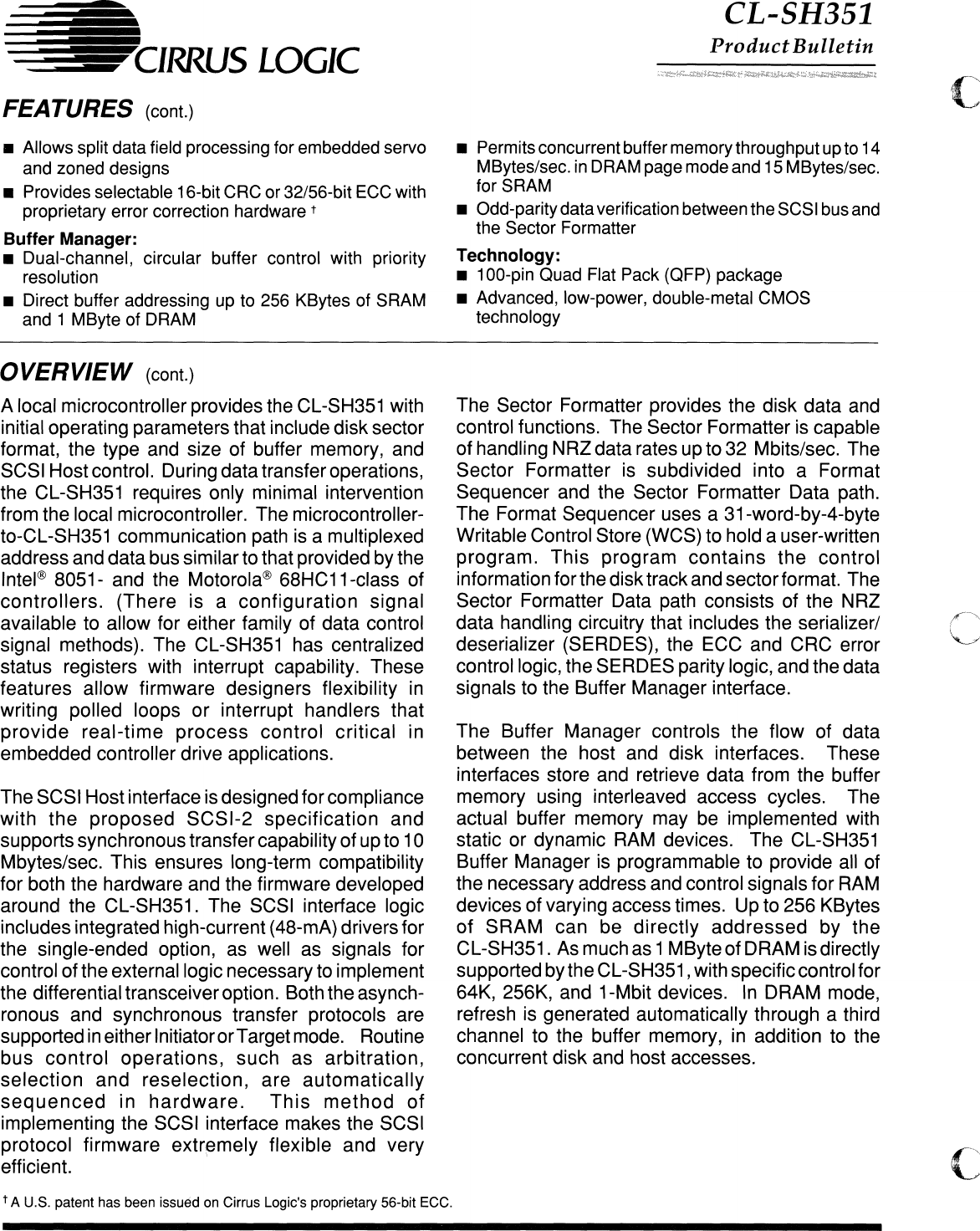 Page 2 of 6 - CL-SH351_High_Perf_Sync_Async_Integrated_SCSI_Disk_Ctlr_Product_Bulletin_Jan91 CL-SH351 High Perf Sync Async Integrated SCSI Disk Ctlr Product Bulletin Jan91