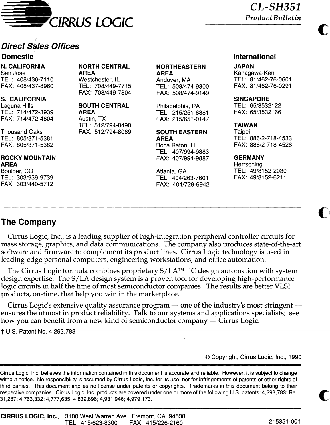 Page 6 of 6 - CL-SH351_High_Perf_Sync_Async_Integrated_SCSI_Disk_Ctlr_Product_Bulletin_Jan91 CL-SH351 High Perf Sync Async Integrated SCSI Disk Ctlr Product Bulletin Jan91