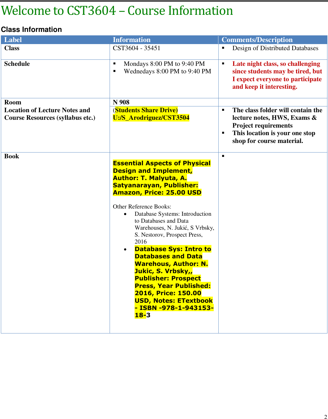 Page 2 of 6 - MS101 MS OFFICE LECTURE NOTES #1 CST3604 - Class Instructions & Rules (Version 3)