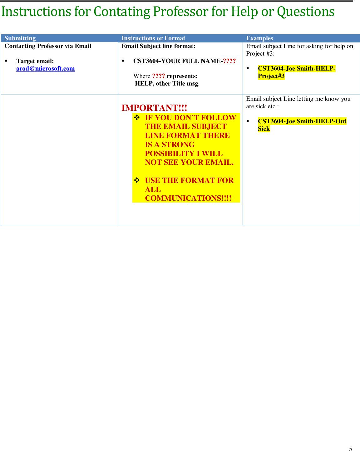 Page 5 of 6 - MS101 MS OFFICE LECTURE NOTES #1 CST3604 - Class Instructions & Rules (Version 3)