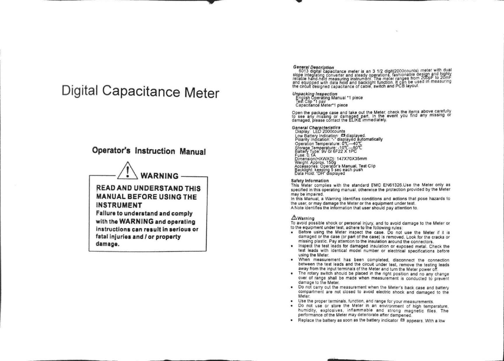 Page 1 of 2 - 2018-02-12 09:07 Capacitor Meter ELIKE DT6023 Manual