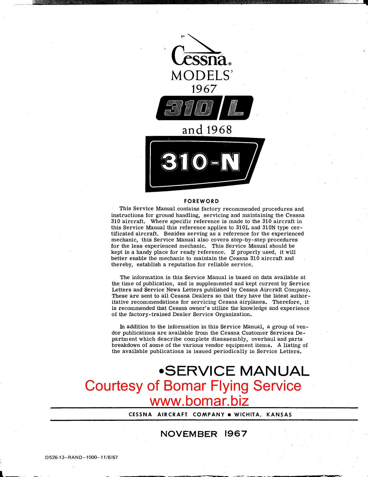 Cessna_310_C310L C310N_1967 1968_Service Manual_v1967 Cessna 310 C310L ...