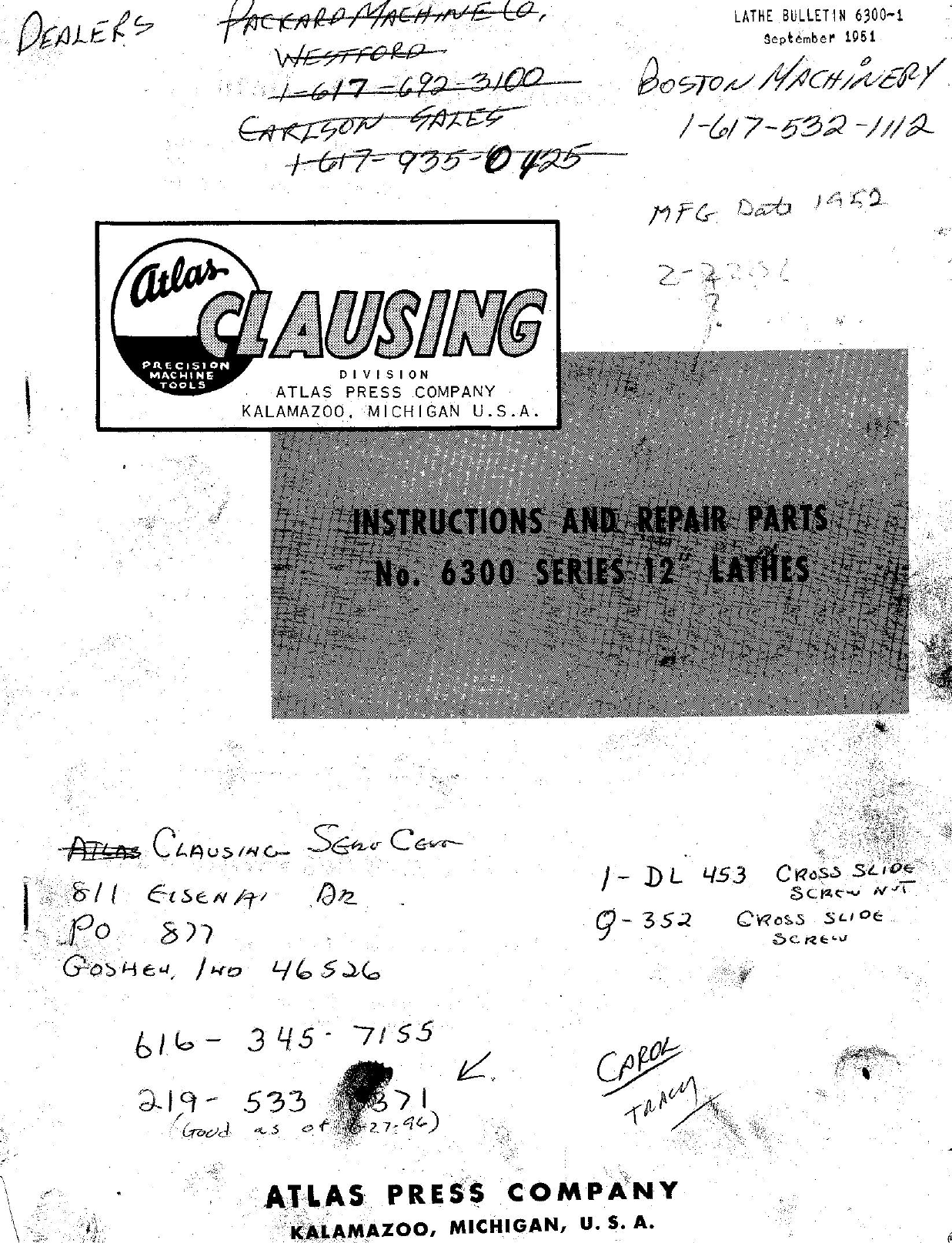 Page 1 of 7 - Clausing-6300-Instruction-Manual-1951- Clausing-6300-Instruction-Manual-1951