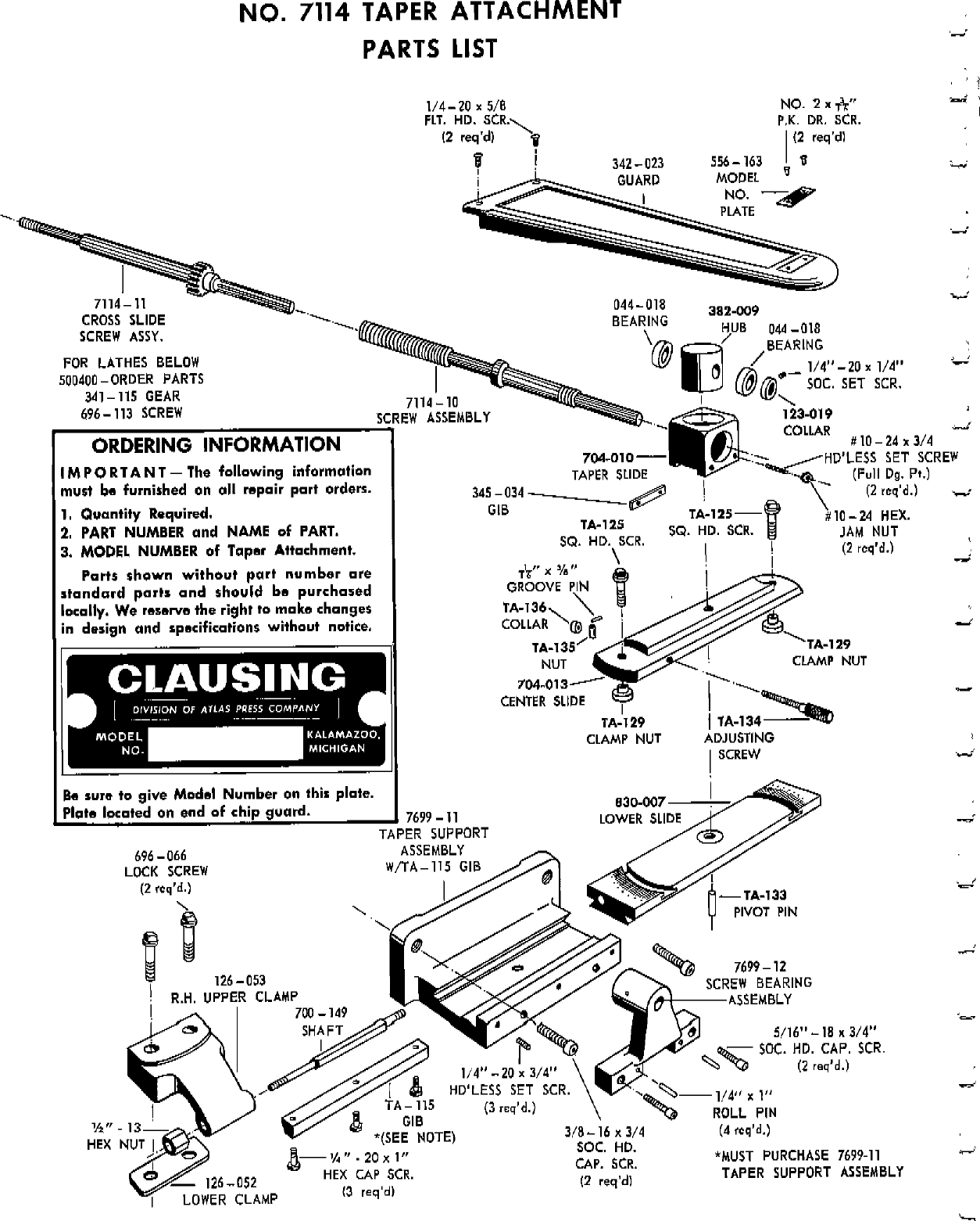 Page 2 of 2 - Clausing-Taper-Attachment-Parts-List