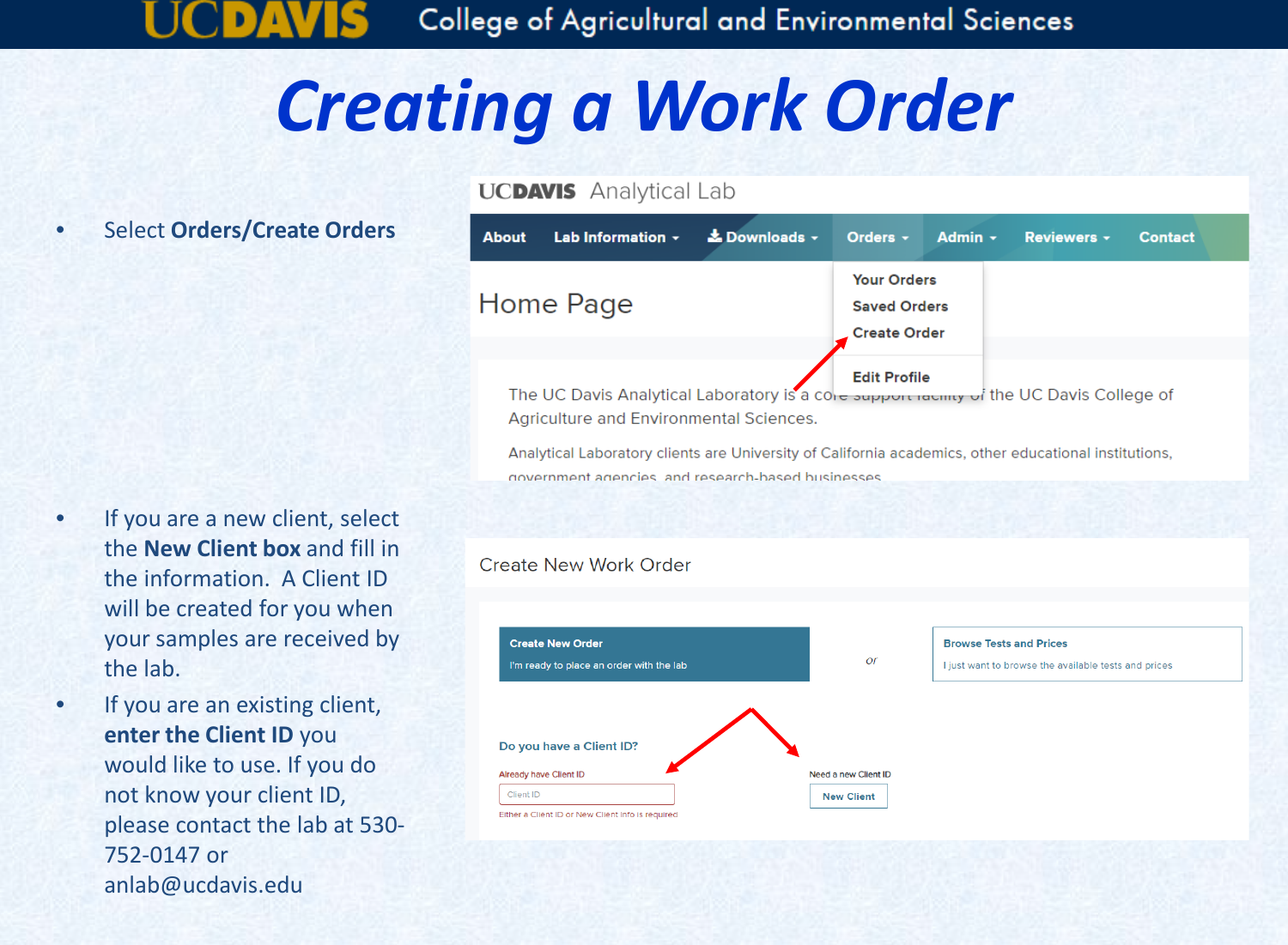 UC Davis Analytical Laboratory Overview Client Instructions Create Work ...