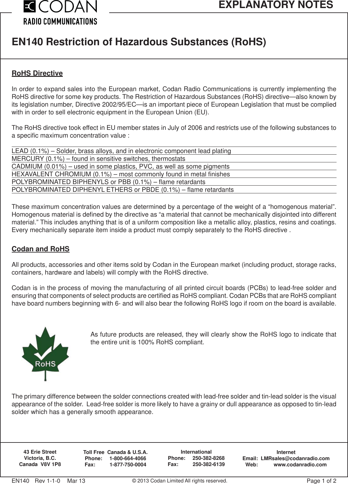 EN140 1 Restriction Of Hazardous Substances Codan Ro HS