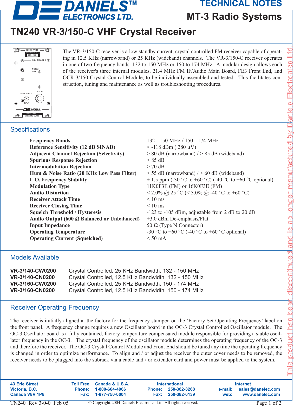 TN240 VR 3/150 C VHF Crystal Receiver (discontinued) Codan 3 150 discontinued
