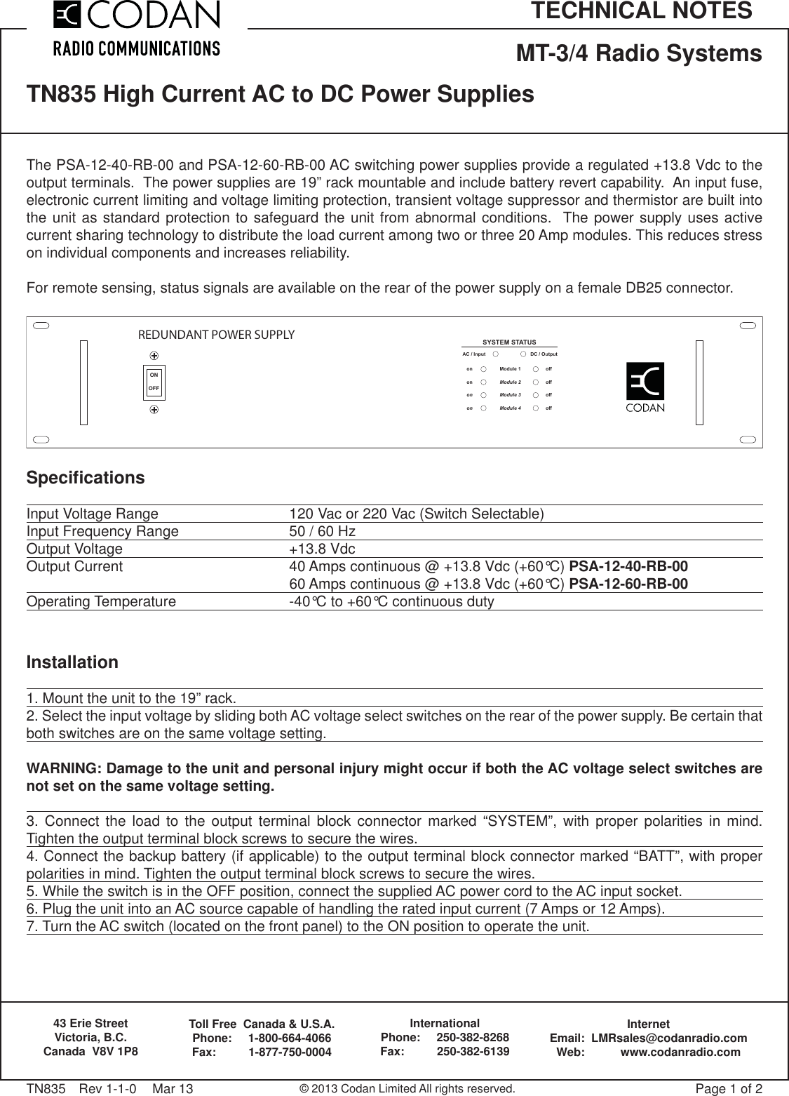 Page 1 of 2 - TN835-1-1 High Current Power Supplies Codan-TN835-High-Current-AC-to-DC-Power-Supplies
