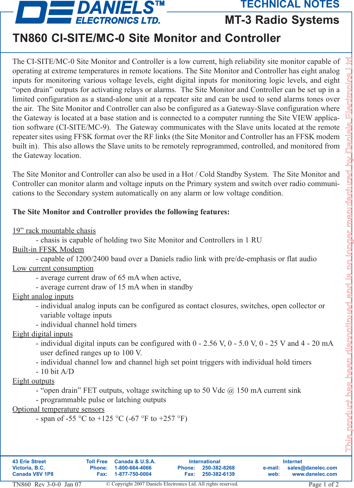 Page 1 of 2 - Disc TN860-3 Site Monitor Codan-TN860-CI-SITE MC-0-Site-Monitor-and-Controller-discontinued