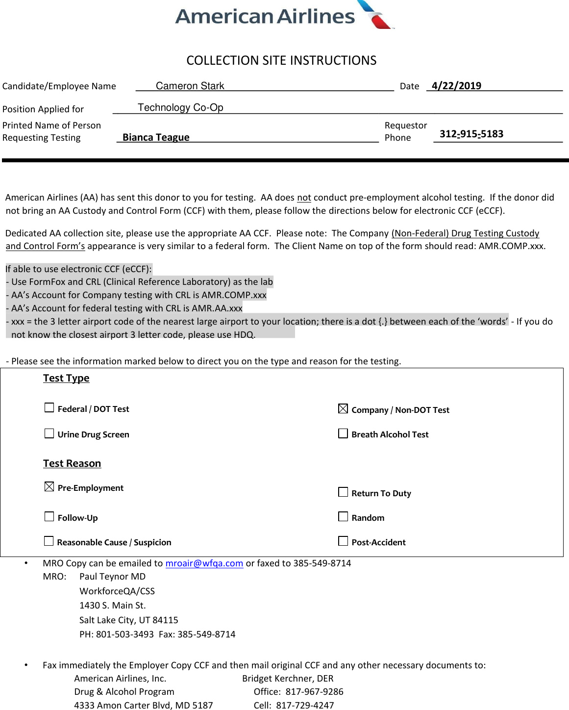 Page 1 of 2 - Collection Site Instructions Company Pre Employ[3821]