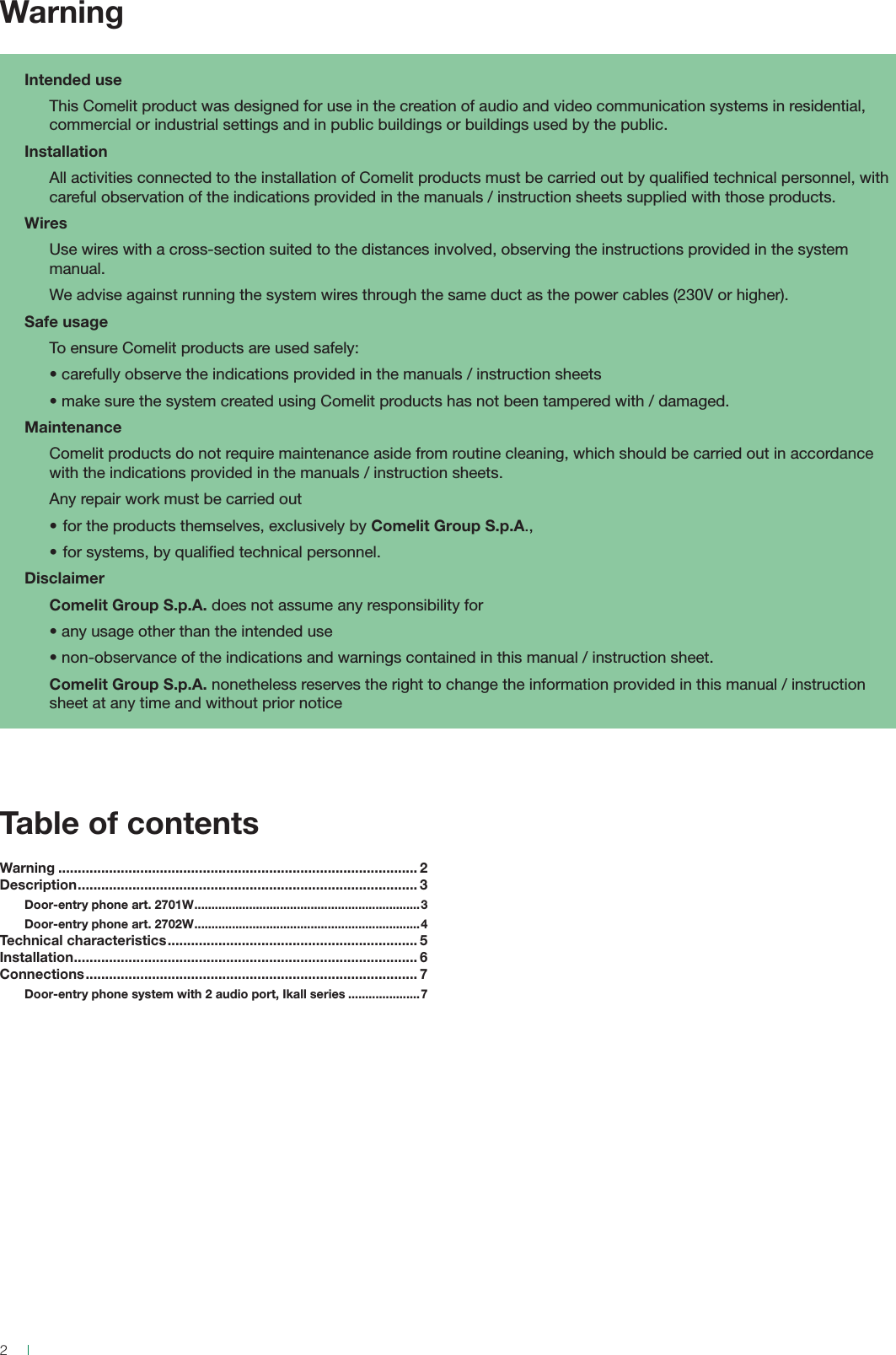 Page 2 of 8 - MT_citofono_Mini_art.2701W_2702W_1ed__cod.2G40001878_EN Comelit 2702W Manual