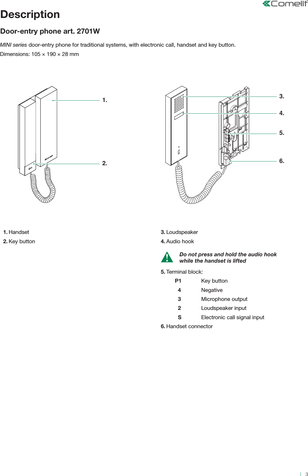 Page 3 of 8 - MT_citofono_Mini_art.2701W_2702W_1ed__cod.2G40001878_EN Comelit 2702W Manual