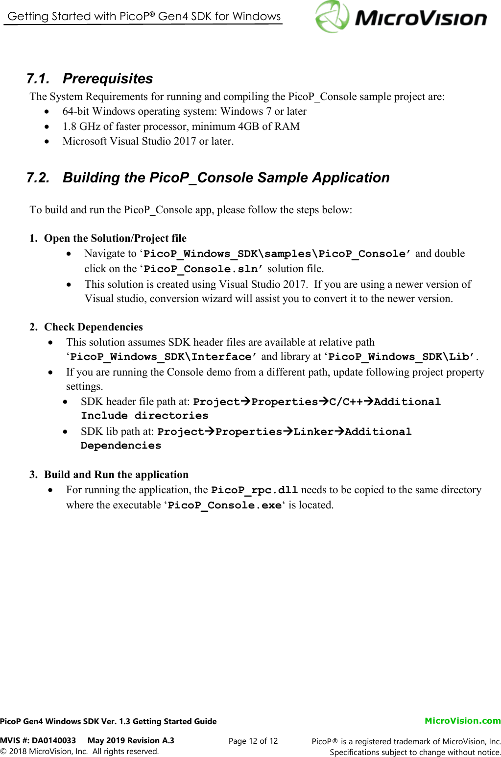 Page 12 of 12 - PicoP Gen4 Windows SDK Getting Started Guide DA0140033 Pico P