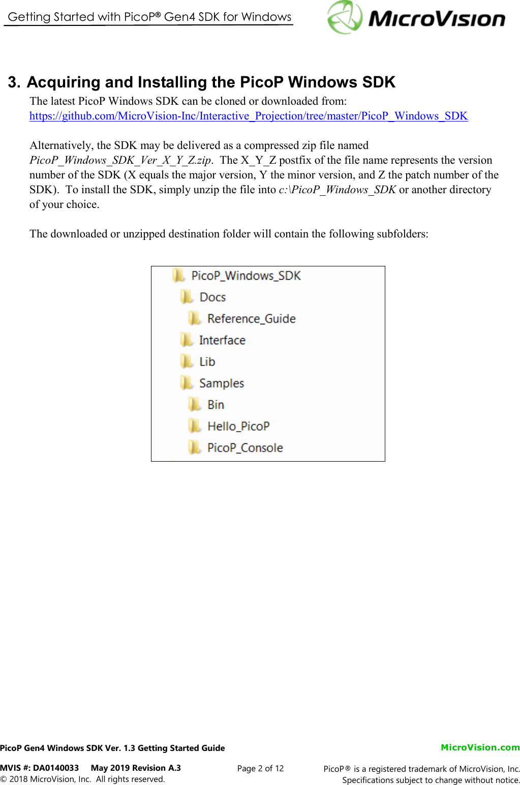 Page 2 of 12 - PicoP Gen4 Windows SDK Getting Started Guide DA0140033 Pico P