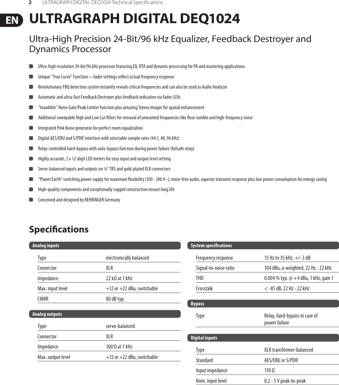 Page 2 of 3 - ULTRAGRAPH DIGITAL DEQ1024 Behringer Specification Sheet P0220 S EN