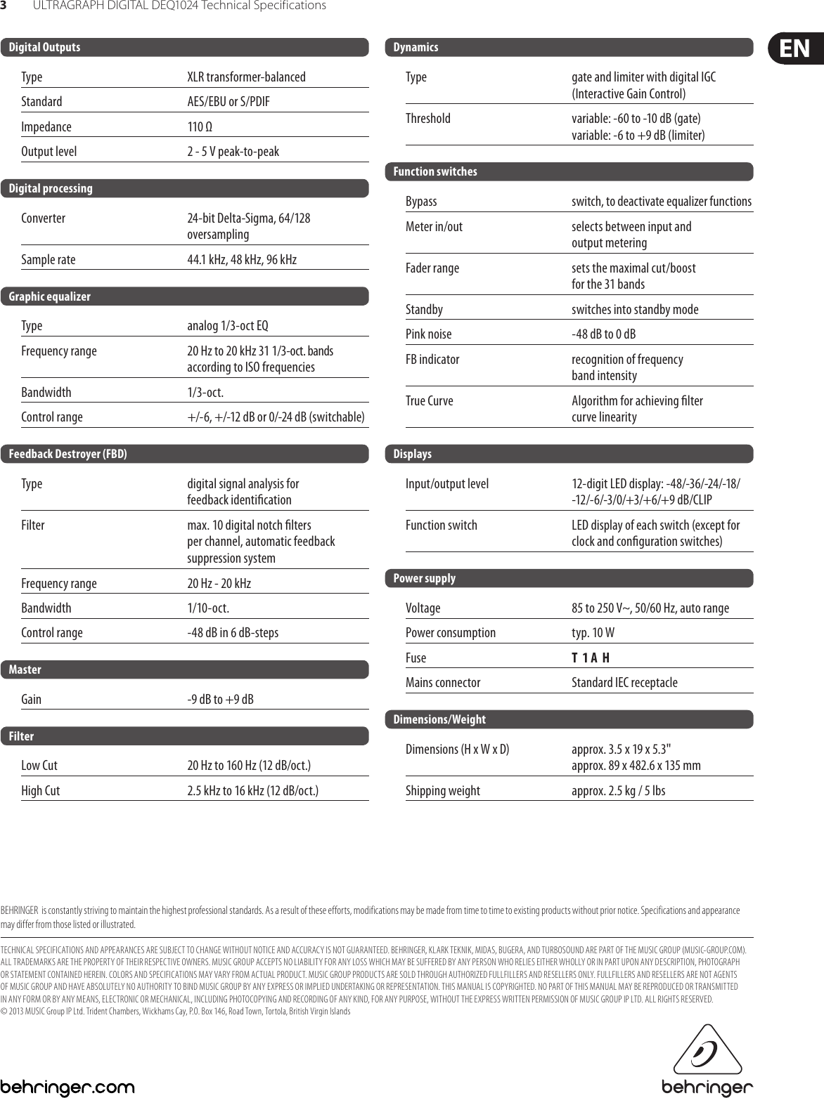 Page 3 of 3 - ULTRAGRAPH DIGITAL DEQ1024 Behringer Specification Sheet P0220 S EN