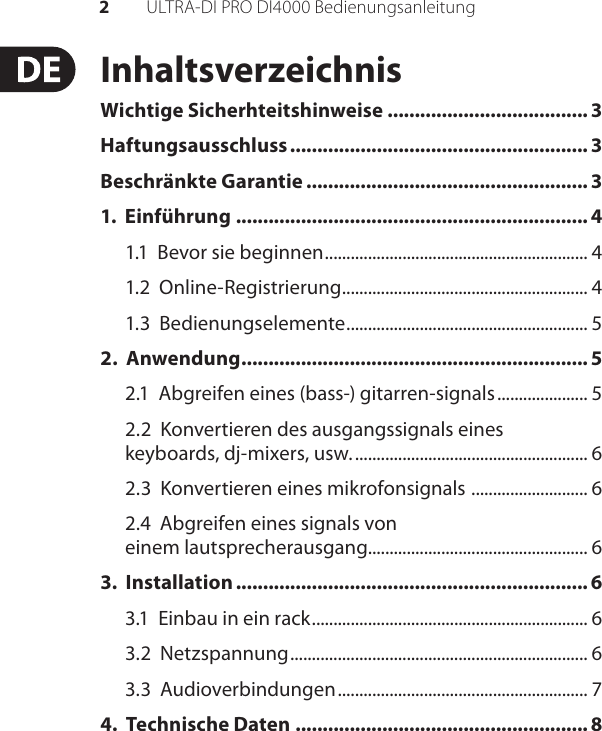 Page 2 of 9 - ULTRA-DI PRO DI4000 Behringer User Manual (German) M DE