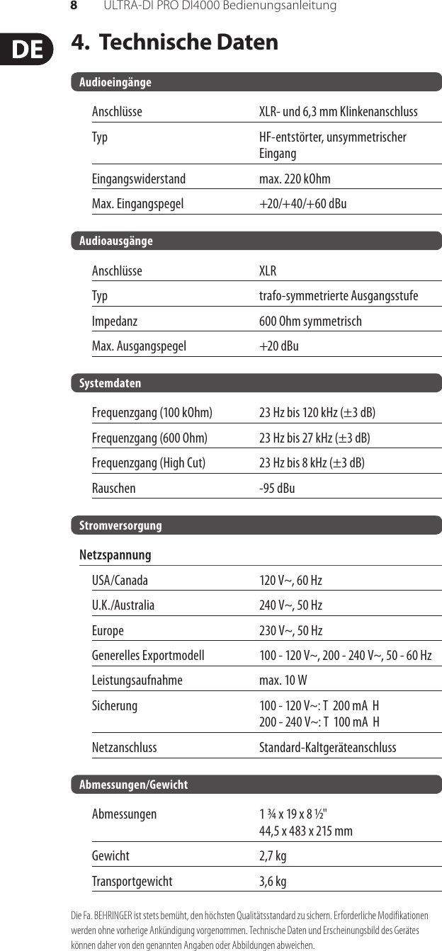 Page 8 of 9 - ULTRA-DI PRO DI4000 Behringer User Manual (German) M DE