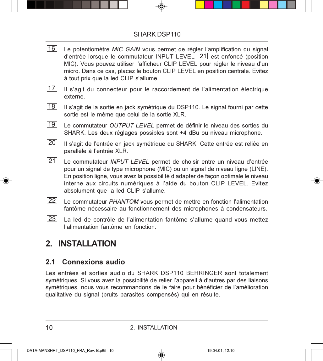 Page 10 of 12 - SHARK DSP110 Behringer User Manual (French) P0079 M FR