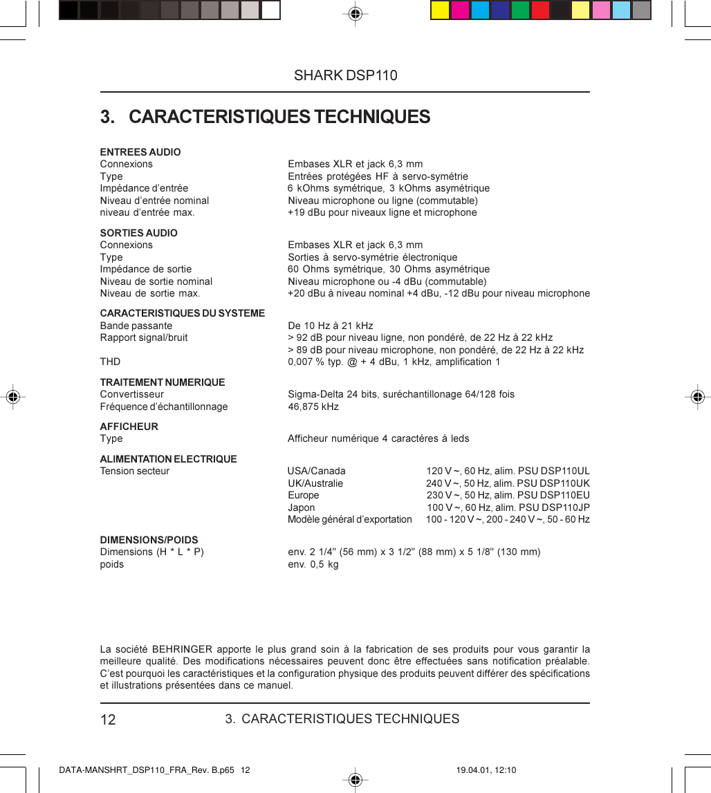 Page 12 of 12 - SHARK DSP110 Behringer User Manual (French) P0079 M FR