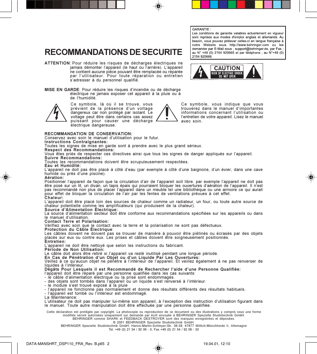 Page 2 of 12 - SHARK DSP110 Behringer User Manual (French) P0079 M FR