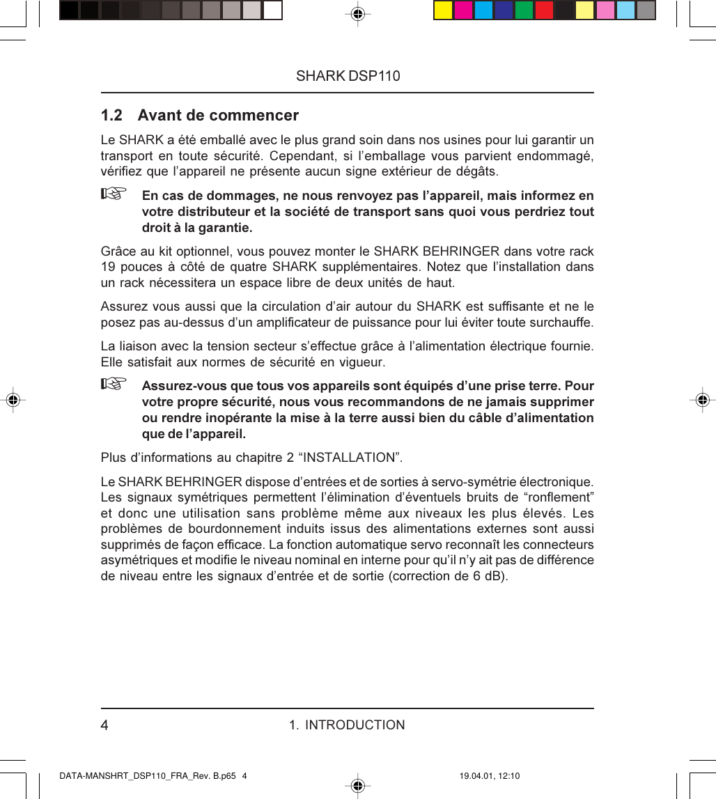 Page 4 of 12 - SHARK DSP110 Behringer User Manual (French) P0079 M FR