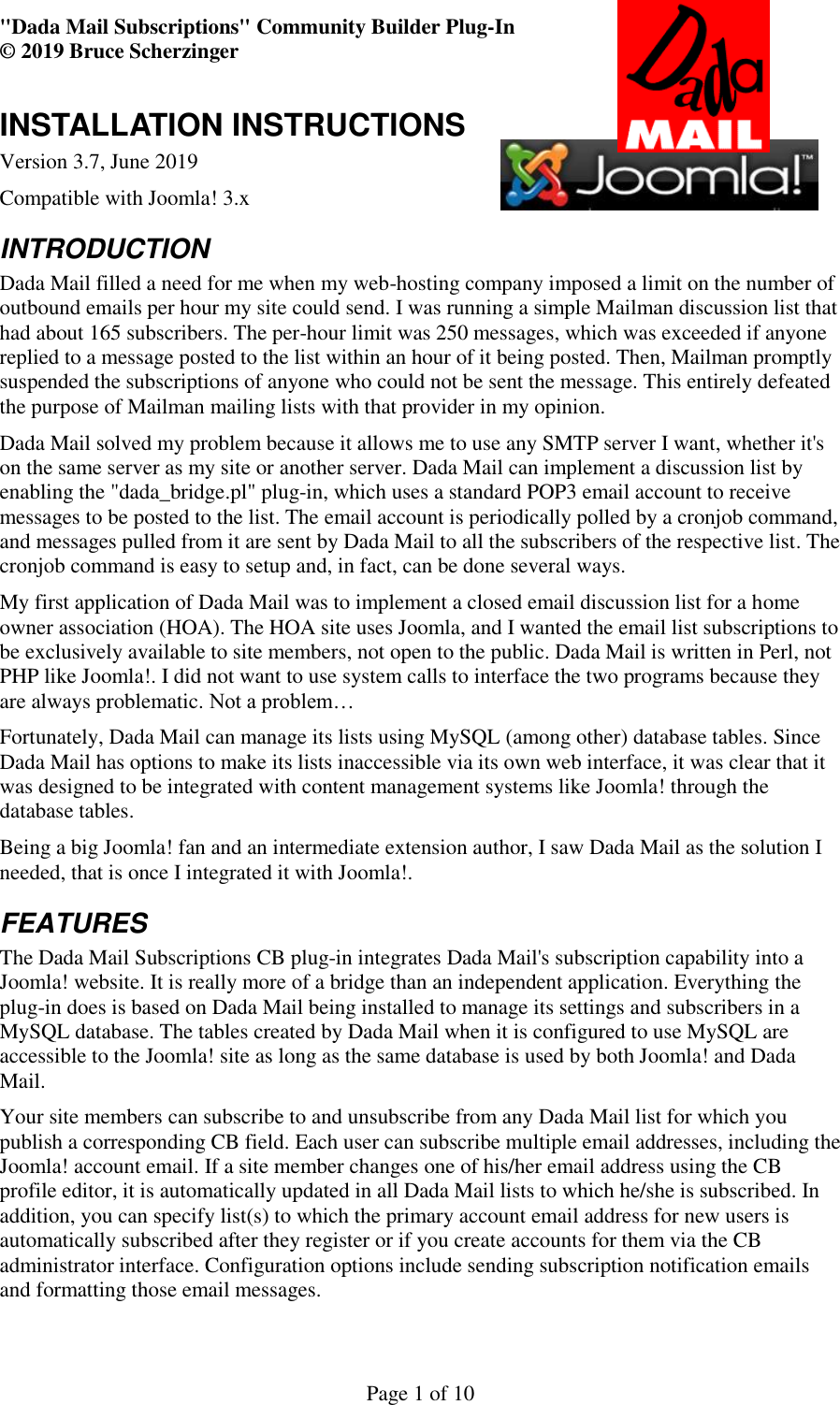 Page 1 of 10 - INSTALLATION INSTRUCTIONS Dada Mail Subscriptions CBPlugin V3.7 User Manual