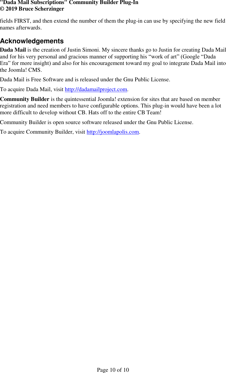 Page 10 of 10 - INSTALLATION INSTRUCTIONS Dada Mail Subscriptions CBPlugin V3.7 User Manual