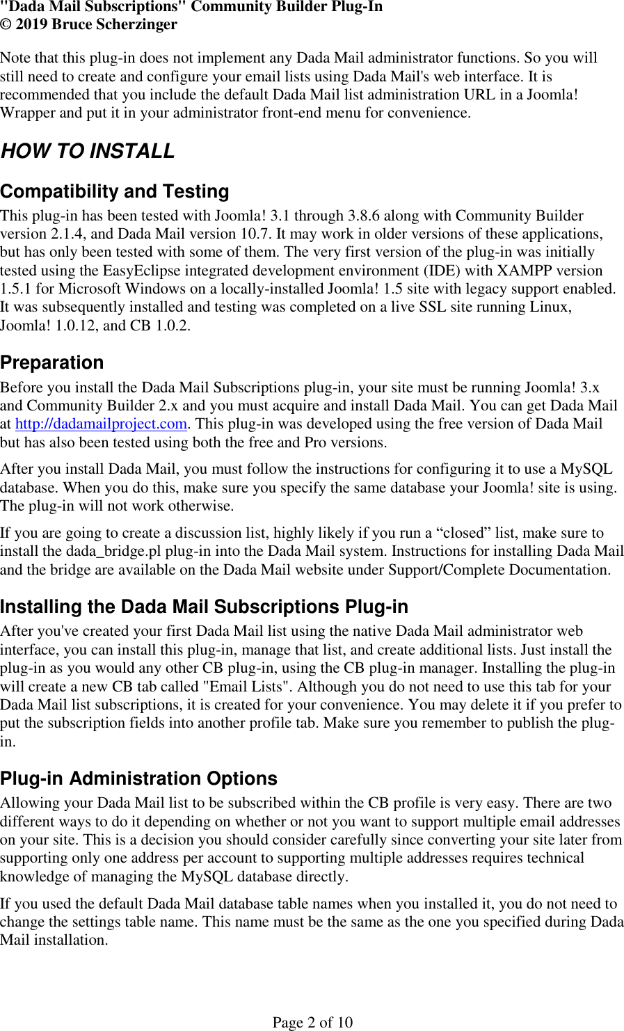 Page 2 of 10 - INSTALLATION INSTRUCTIONS Dada Mail Subscriptions CBPlugin V3.7 User Manual