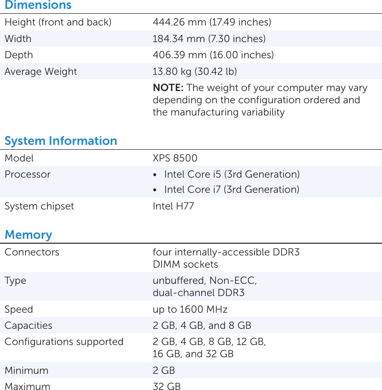 Page 2 of 5 - XPS 8500 Specifications Dell Reference Guide En-us