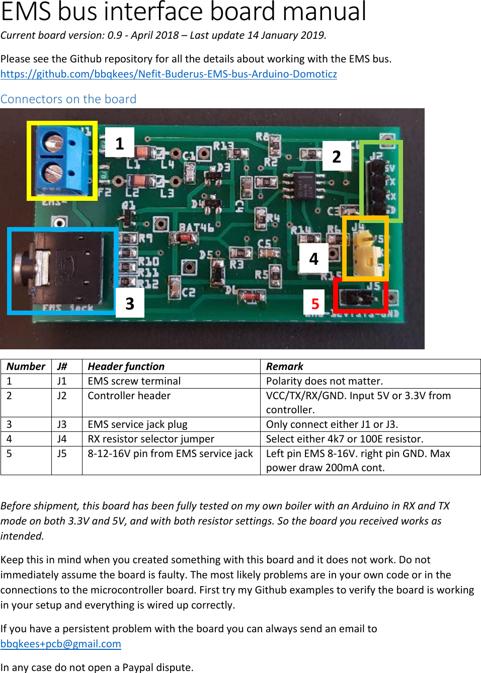 Page 2 of 4 - EMS Bus Interface Board Manual V0.9