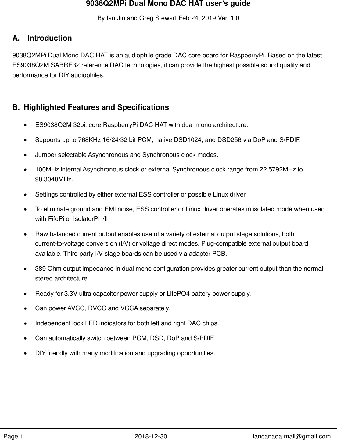 Page 1 of 10 - ES9038Q2MPi Dual Mono Manual Rev1